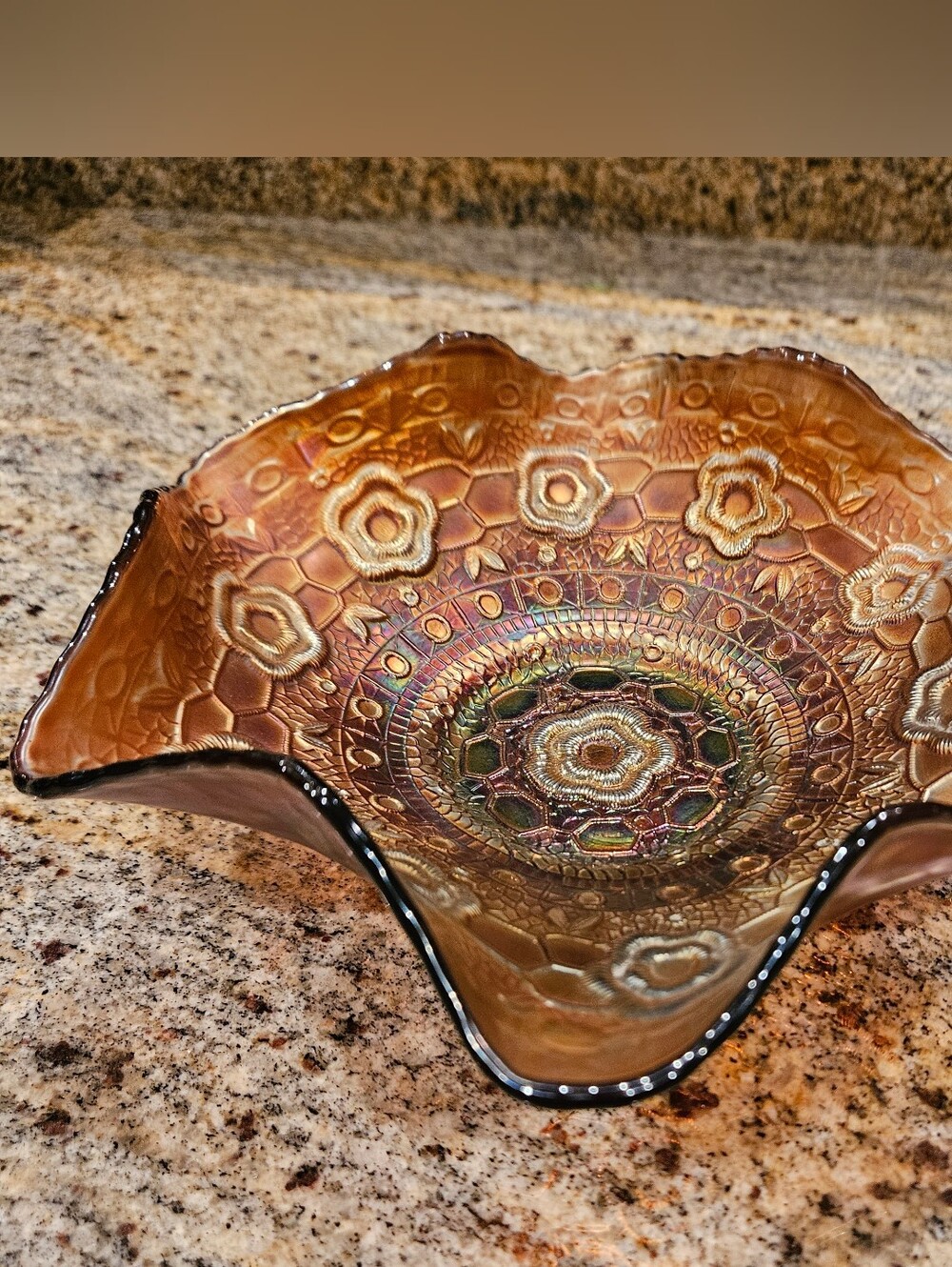 Fenton Iridescent Amber Glass Ruffled Bowl